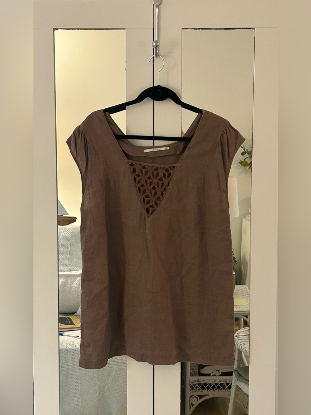 Breathable Brown Linen-Blend Crochet V-Neck Tunic part Two size 14 (40 Eur)